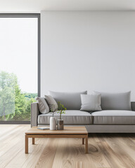 Minimalist luxurious interiors design composition in neutral colors with a modern coffee table next to a window. Luxury residential Real Estate.