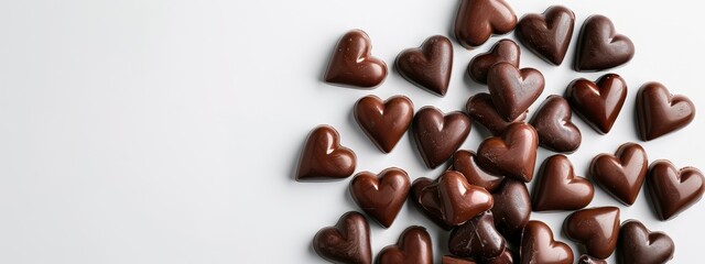 Fototapeta premium Two piles of chocolate hearts on separate white tables