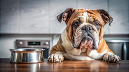 A lone bulldog with wrinkled face intensely gazes at empty modern kitchen food bowl placed on sleek...