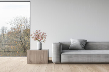Minimalist luxurious interiors design composition in neutral colors with a modern coffee table next to a window. Luxury residential Real Estate.