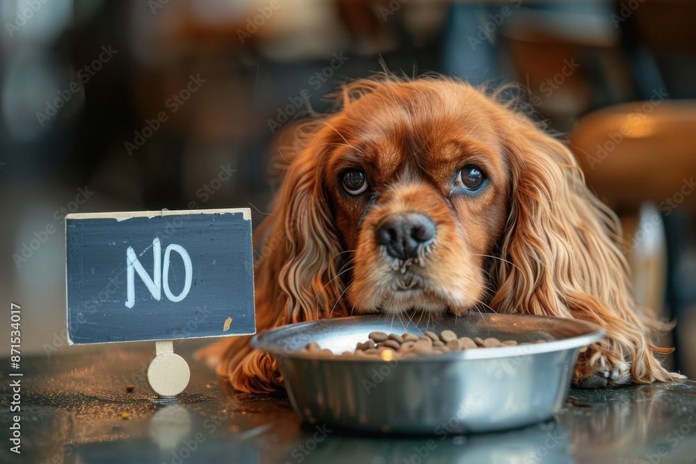 Wall mural A dog is holding a piece of paper in front of a bowl of food