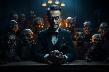 Obraz premium A Creepy Puppeteer Controlling Sinister-looking Puppets In A Dark Theater