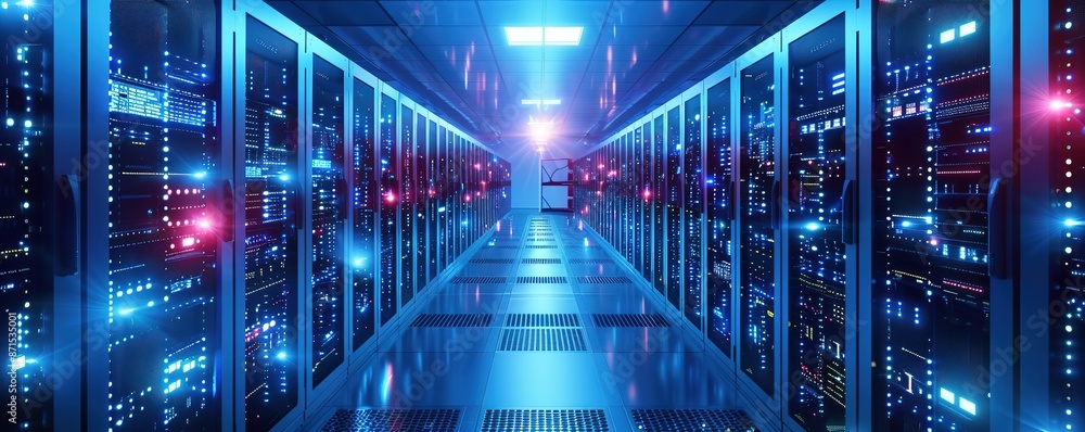 Poster futuristic data center with rows of servers and blue lights.