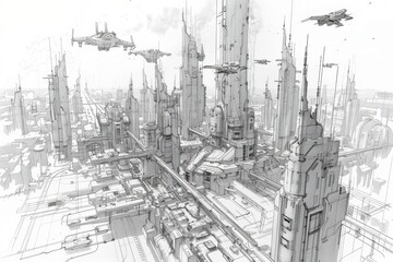 Futuristic cityscape sketch with towering skyscrapers and flying vehicles, showcasing advanced urban architecture and technology.