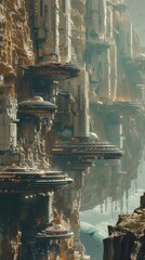 Futuristic cliffside cityscape with advanced structures and buildings integrated into rocky terrain, showcasing sci-fi architecture.