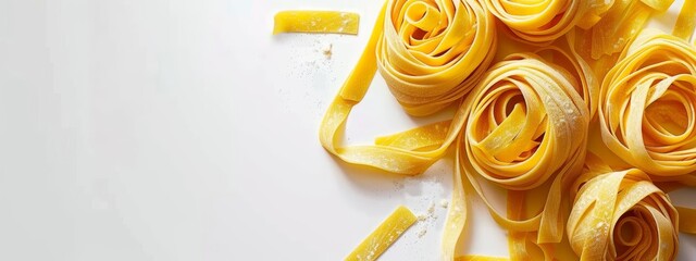  A stack of uncooked pasta noodles on a white backdrop, some cut