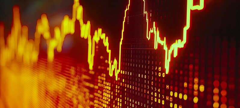 Close-up macro shot of the movement of a stock chart displayed on an LED screen showing a growth chart as an economic boom or bull market concept