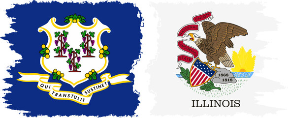 Illinois and Connecticut states grunge brush flags connection vector