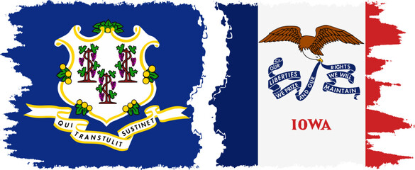 Iowa and Connecticut states grunge brush flags connection vector