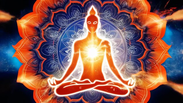 Abstract floral glowing energy aura with zen meditation human silhouette. Yoga meditation to increase chakra energy strength and body strength. Mindfulness practice