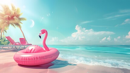 Summer flamingo float and sunchair at beach. 