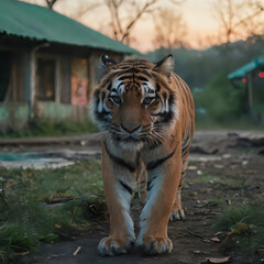 Obraz premium a tiger walking on the ground in the grass