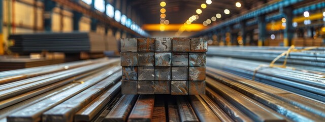 A stack of steel bars atop a conveyor belt, surrounded by a backdrop of numerous illuminated buildings
