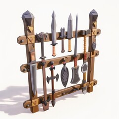 3D Render, Low Poly style of a rack of medieval weapons, on isolated white background, Generative AI