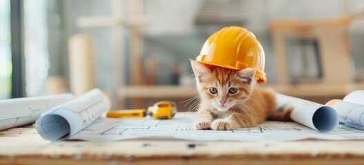 A kitten wearing a hard hat is laying on a table with blueprints by AI generated image