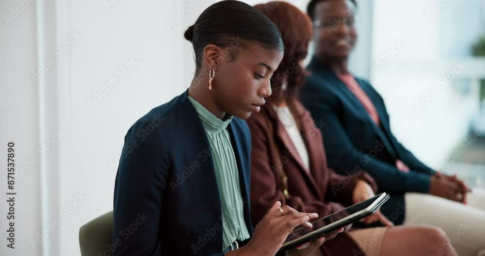 Wall mural Woman, waiting and tablet for hiring in office with diversity, nervous for employment or onboarding process, Female person, scared and ebook for job research in workplace with group, anxious or edgy