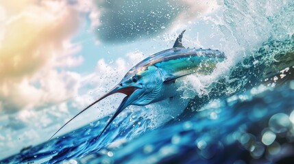 A vibrant image capturing a sailfish leaping out of the ocean, surrounded by dynamic splashes and with a clear sky in the background