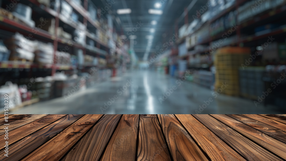Poster empty wood table top with blur background of warehouse of factory. the table giving copy space for p