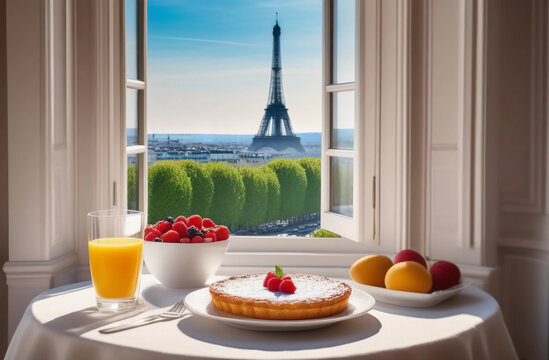 Breakfast in Paris. Table with pancake and coffee near the window with view to the Eiffel Tower
