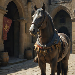 Obraz premium a horse that is standing in front of a building