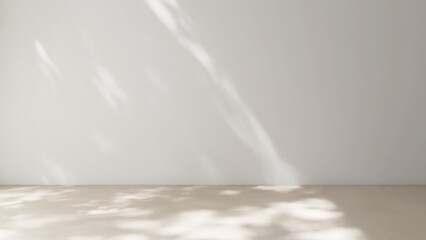 Empty outdoor room with dappled sunlight, tree foliage shadow on white wall, beige brown floor for modern, luxury loft style interior design decoration, product background 3D