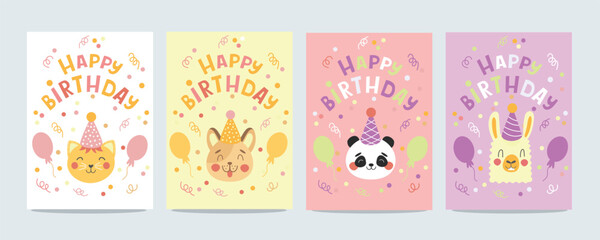 Childrens cute greeting card set. Birthday card with cute animals with party hats and balloons. Vector illustration template