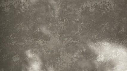 Close up of blank gray weathered cement concrete wall with dapple sunlight and shadow for loft, modern product background, exterior design decoration 3D