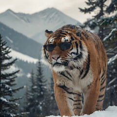 Obraz premium a tiger walking in the snow with mountains in the background