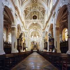 Obraz premium Magnificent and ornate baroque church interior with grand altar, intricate architecture, and majestic ceiling