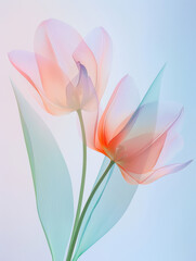 translucence minimalist half tulip flower and leaf, frosted glass blur covered, multiple exposures, macro photography