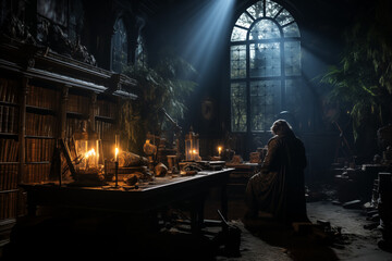 A Ghostly Librarian In A Spooky and Old Library 