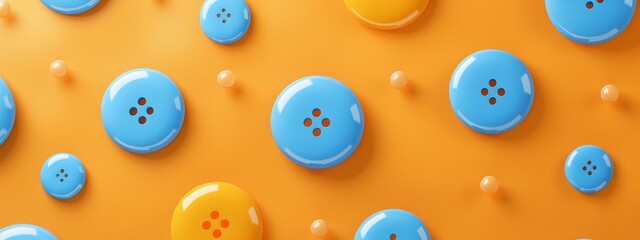 Fototapeta premium A collection of blue and yellow buttons arranged atop a yellow, porous surface, each sporting a central cavity