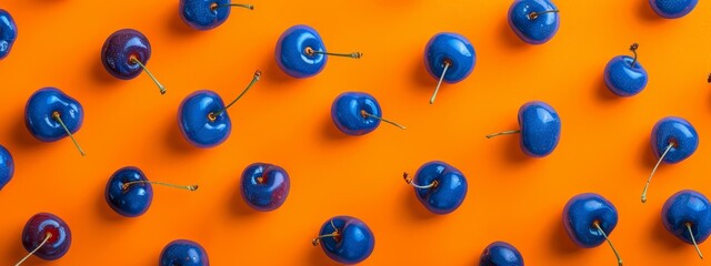  A collection of blue donuts atop an orange surface, each featuring a pin inserted in its center