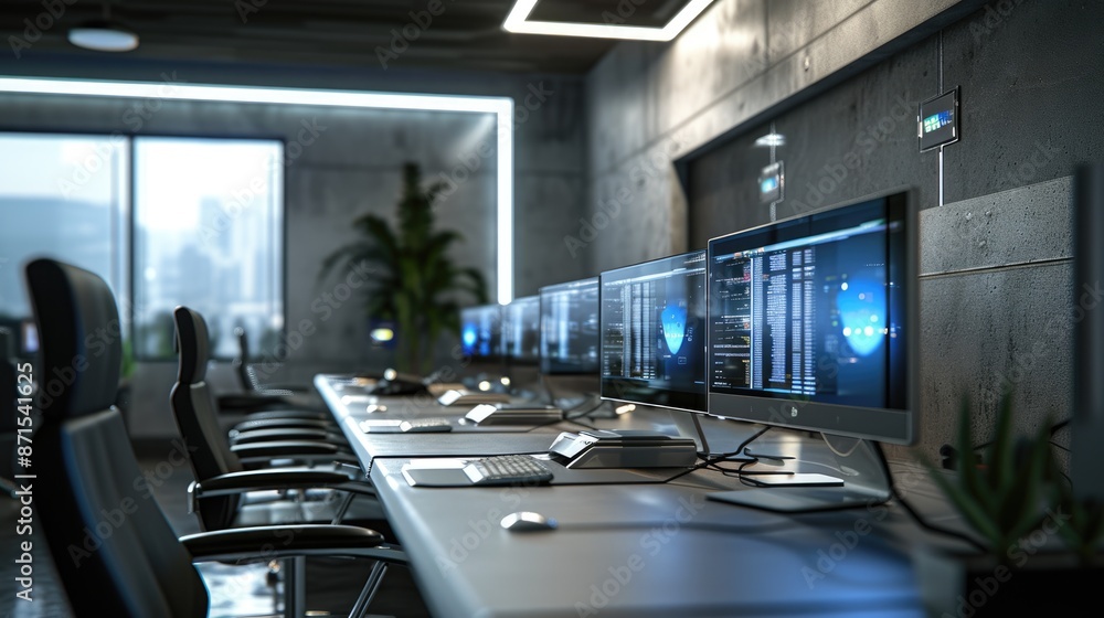 Poster in an office building, a row of computer monitors sits on a desk, creating a symmetrical display. th