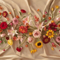 Fototapeta premium Different beautiful flowers scattered on beige background