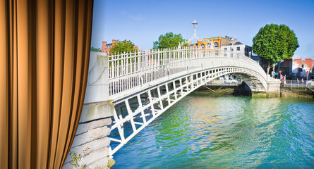 The most famous bridge in Dublin called Half Penny Bridge due to the toll charged for the passage - Open theater curtains concept