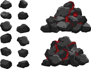 various piles of burn black coal charcoal, barbeque, grill Vector illustration isolated . 