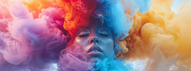  A woman with closed eyes is surrounded by colored smoke, her face concealed from view