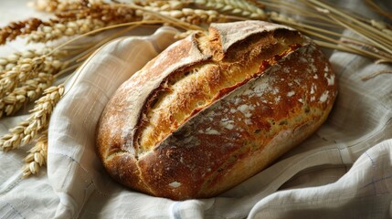 Fototapeta premium Homemade Bread Photography Concept with French Loaf on Linen Napkin