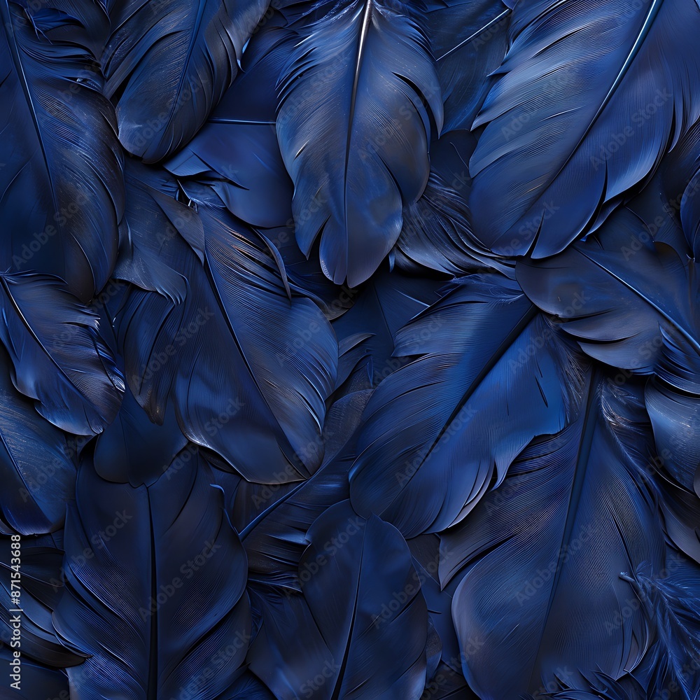 Poster A dark navy blue background with feathers arranged in an artistic pattern, providing a stunning display of texture and color for various applications. The feathers should be arranged to create a