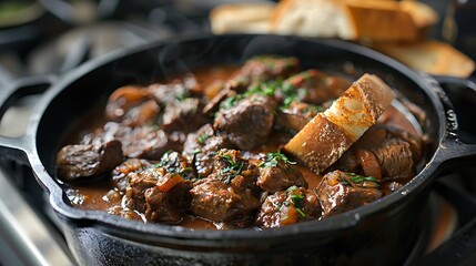 A cast iron pot simmering on a stovetop, filled with a rich carbonnade flamande (beef stew) flavored with Belgian beer, with crusty bread for dipping.