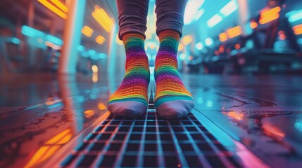 Fototapeta premium Vibrant Rainbow Socks in Futuristic Neon-Lit Environment