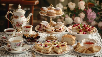 Fototapeta premium A traditional English afternoon tea setup, featuring an assortment of finger sandwiches, scones with clotted cream and jam, and an array of pastries and cakes. The scene includes a vintage teapot,