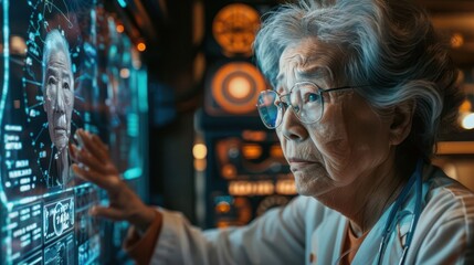 Obraz premium Medical checkup for elderly woman, futuristic setting, holographic monitors, caregiver assisting, steampunk style, intricate details, warm tones, high-tech medical tools