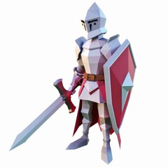 3D Render of a Low Poly brave knight with sword and shield, on isolated white background, Generative AI