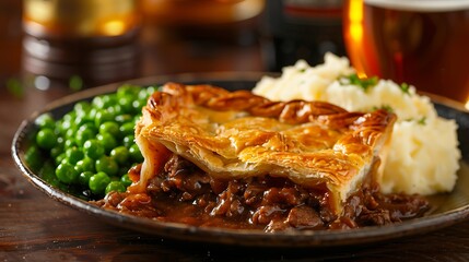An inviting pub scene with a hearty steak and ale pie, served with creamy mashed potatoes and peas. The pie is golden brown and flaky, with a rich, savory filling. The setting includes a dark wooden