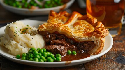 An inviting pub scene with a hearty steak and ale pie, served with creamy mashed potatoes and peas. The pie is golden brown and flaky, with a rich, savory filling. The setting includes a dark wooden