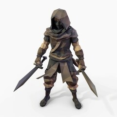 Obraz premium 3D Render of a Low Poly cunning rogue with daggers, on isolated white background, Generative AI