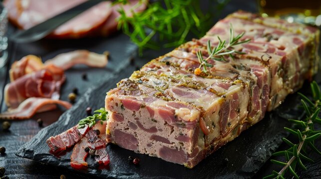 French cuisine. Pork pate with bacon and ham.