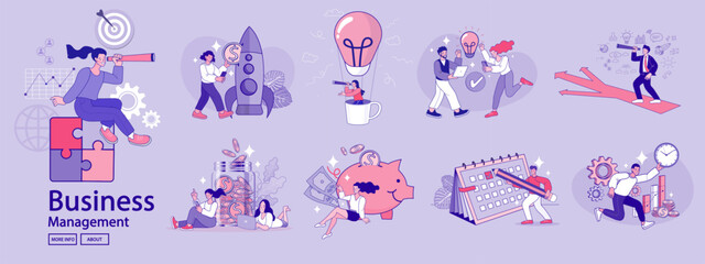 Financing business activities. Set of people in various activities of online business.